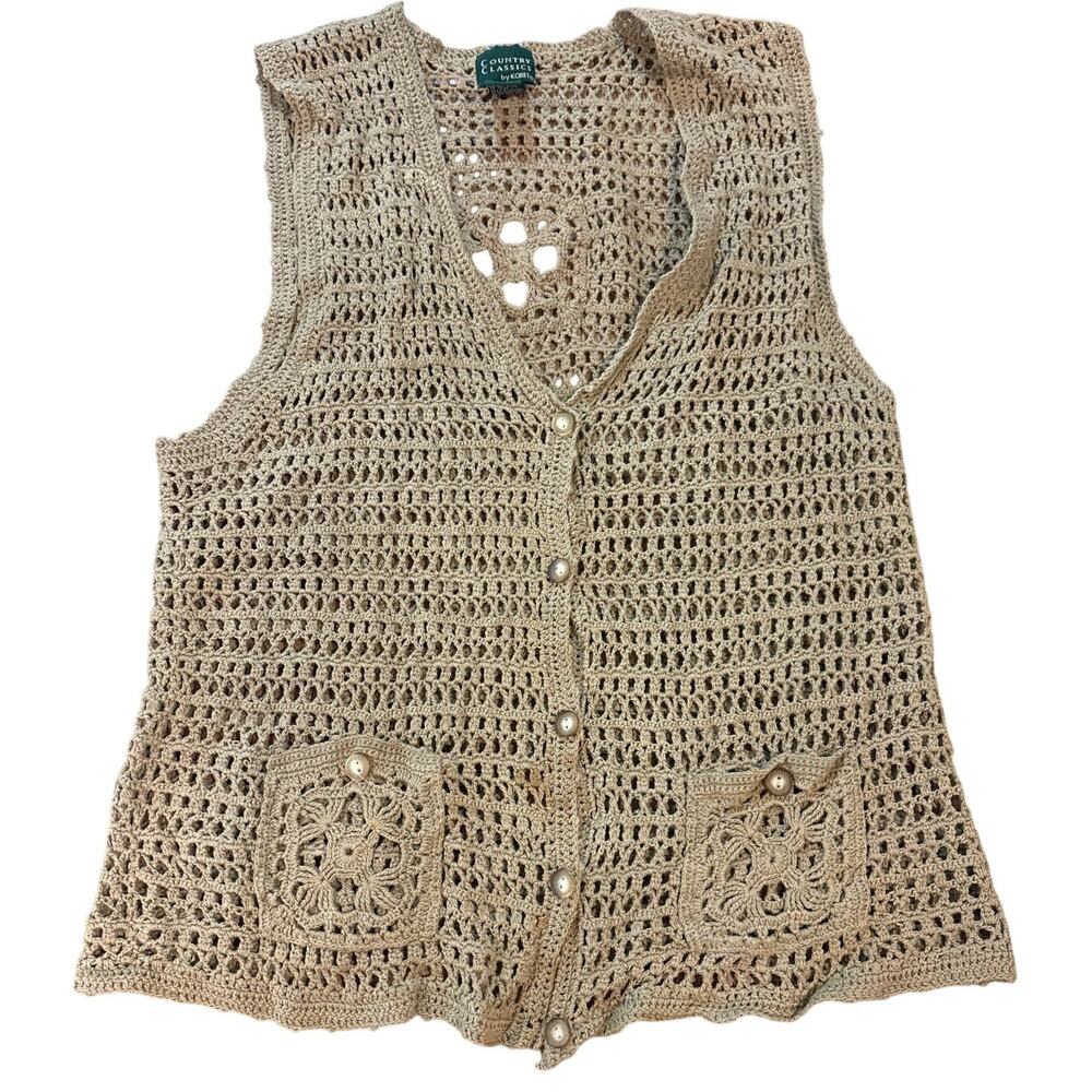 Vintage Boho Hand Knit Crochet Vest Tan Festival‎ Small Country Classic Cotton